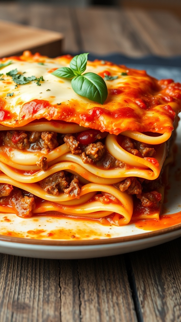 A freshly baked classic lasagna, with layers of pasta, meat sauce, and melted cheese, garnished with basil.